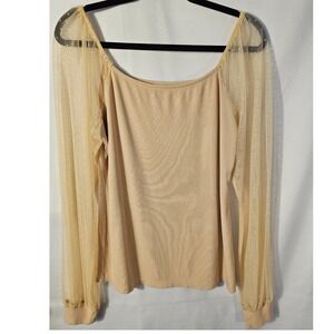 Dorose Beige Ribbed Knit Square Neck Top‎ with Sheer Swiss Dot Mesh Sleeves XL